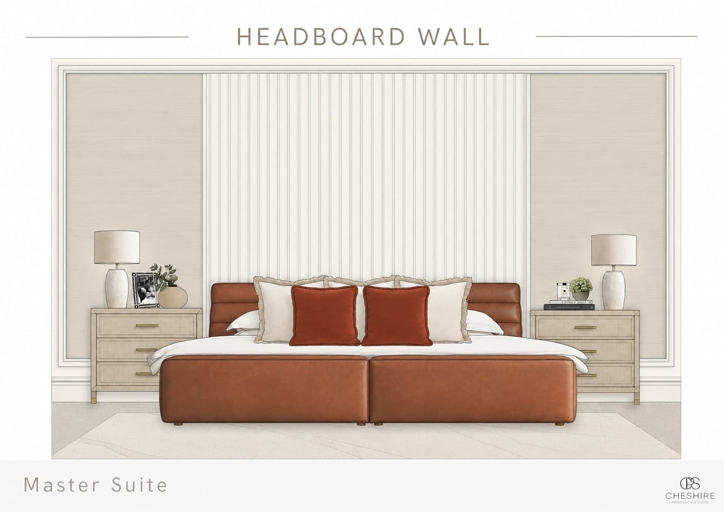 The headboard wall concept board for the principal bedroom of a family home in Hale