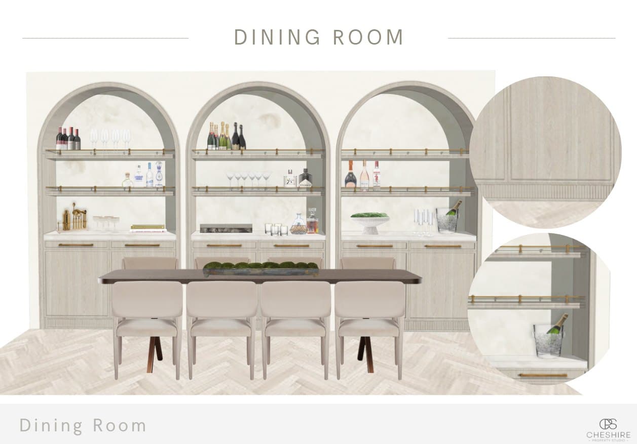 The bar and dining room concept design for the Prestbury family home