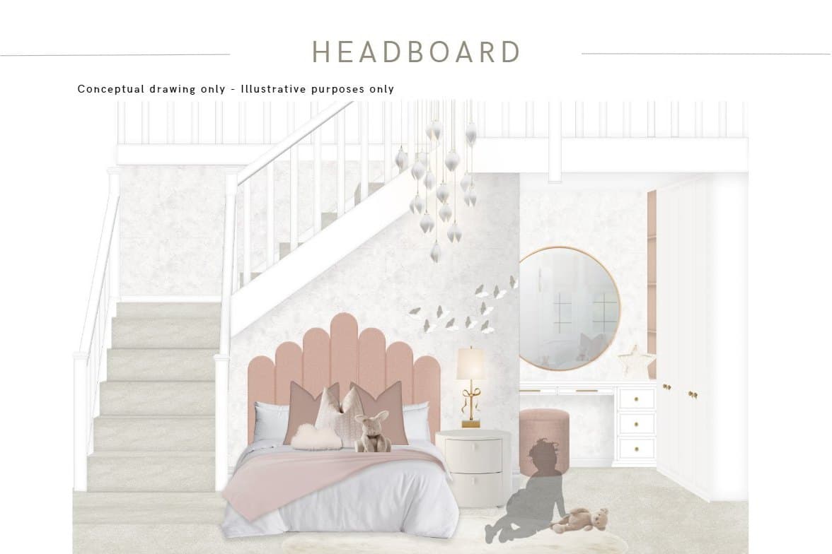 The bespoke headboard concept for the girl’s bedroom
