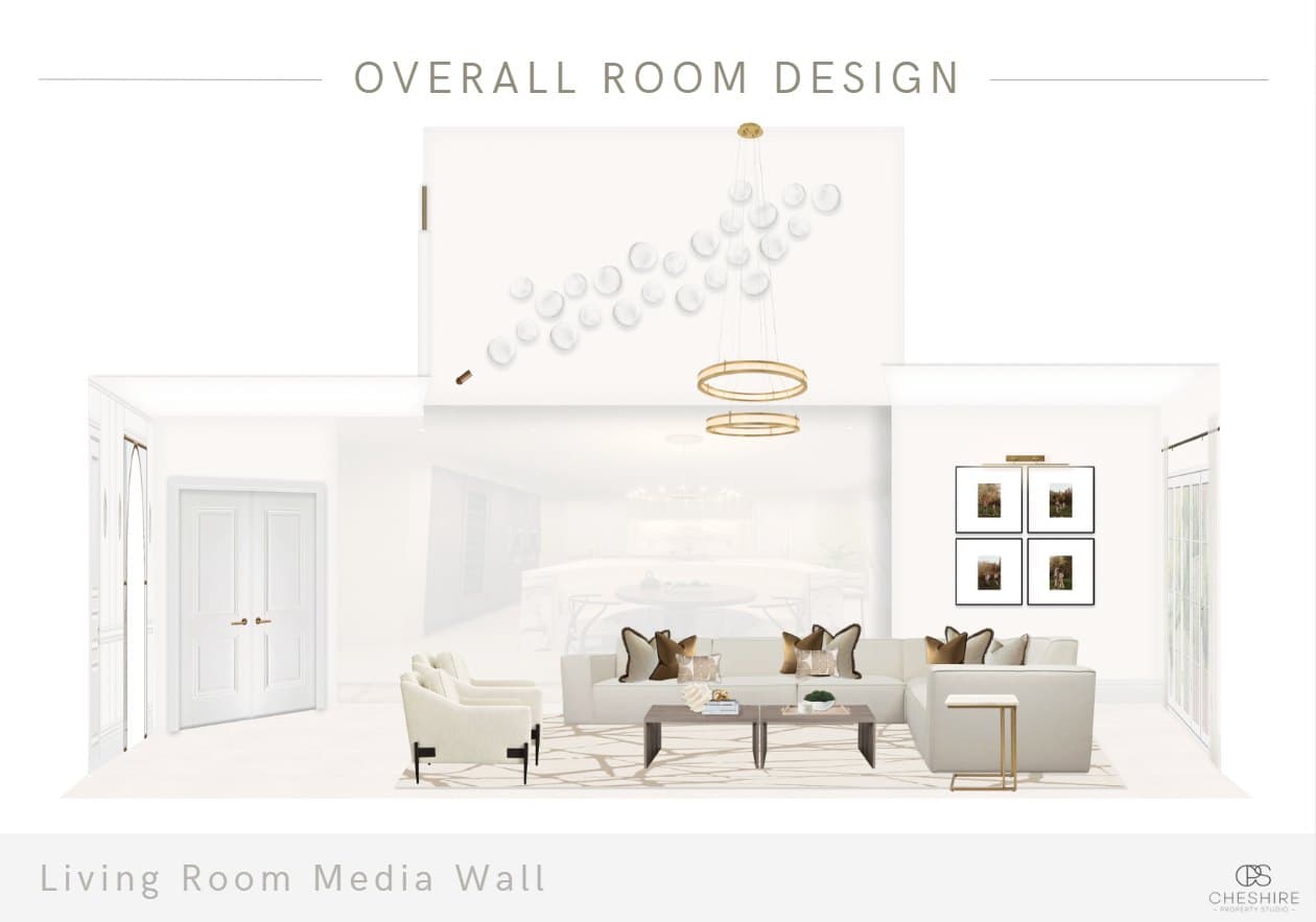 The living room media wall concept design for the Prestbury family home