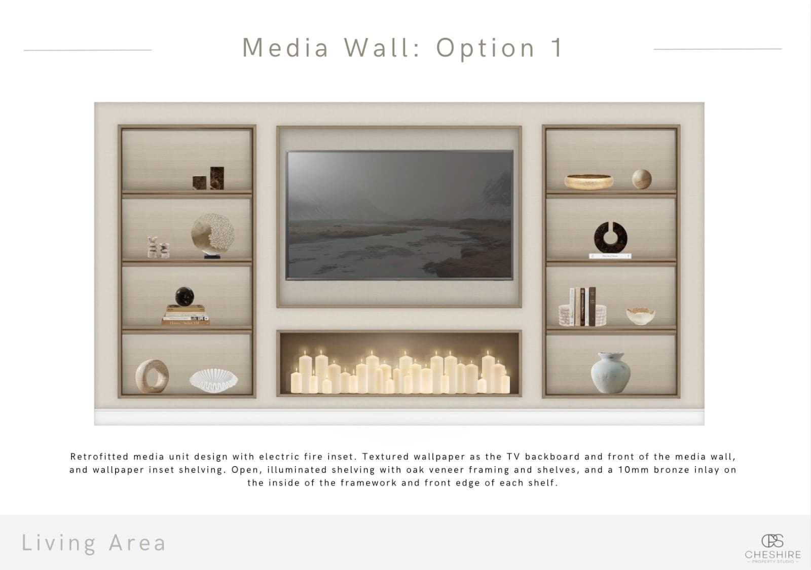 The media wall design drawing for the Timperley living room, showing the inset electric fire, the recessed television and open illuminated shelving either side
