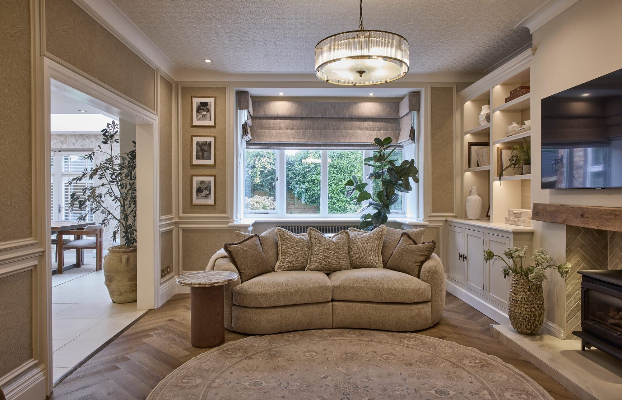 The finished living room in Hale, looking towards the bay window from the fireplace