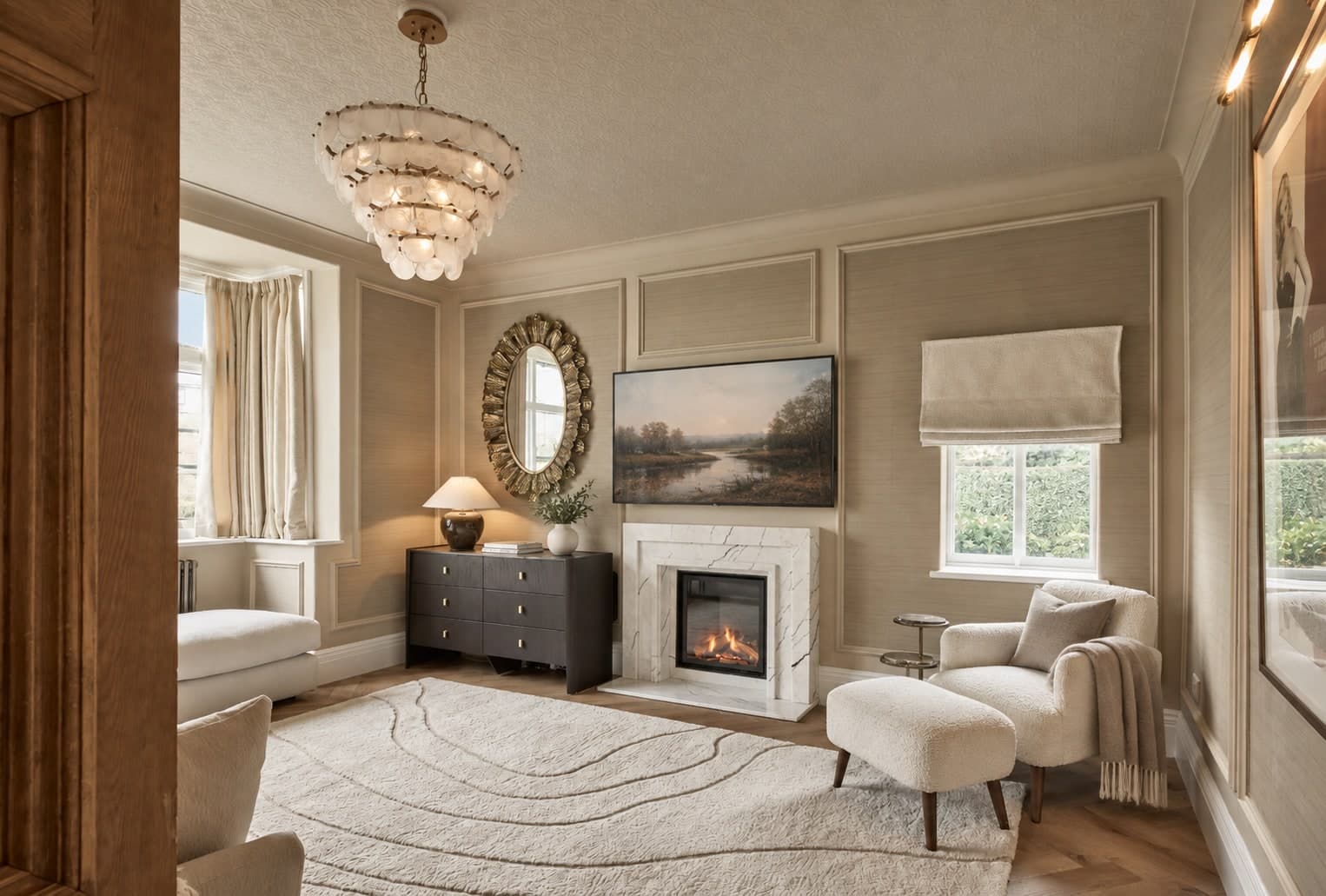 The finished formal lounge in Hale, with a marble fireplace, a sunburst mirror and a chandelier